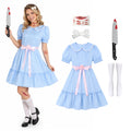 Adult blue creepy twin dress costume with bow socks prop knife and scar tattoos