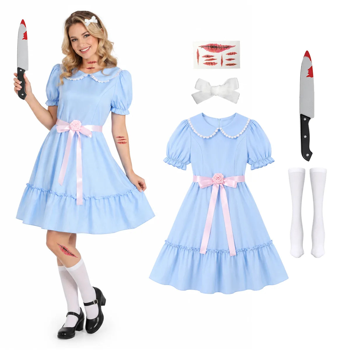Adult blue creepy twin dress costume with bow socks prop knife and scar tattoos