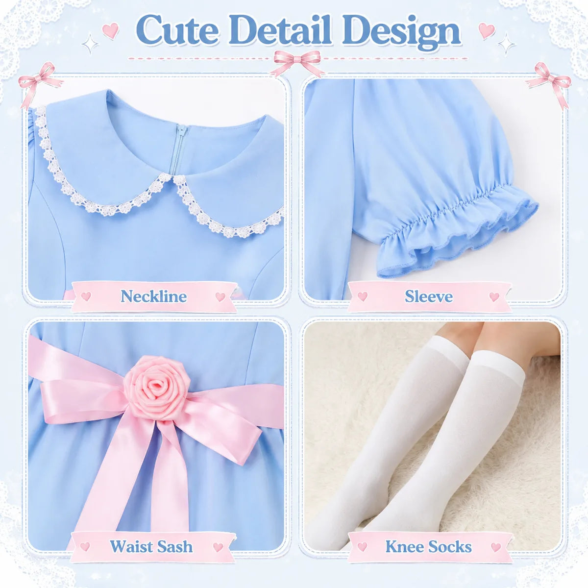 Blue creepy doll dress collar sleeves ribbon and ruffle details