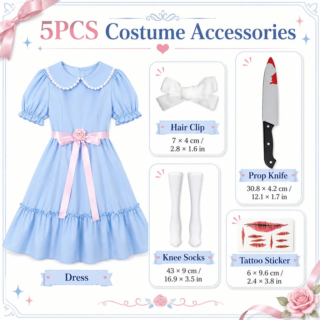 Blue twin costume included dress hair bow socks prop knife and tattoos