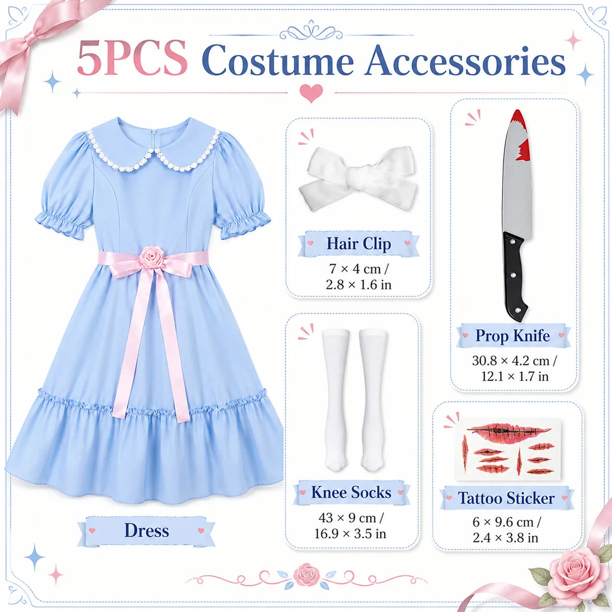 Blue twin costume included dress hair bow socks prop knife and tattoos