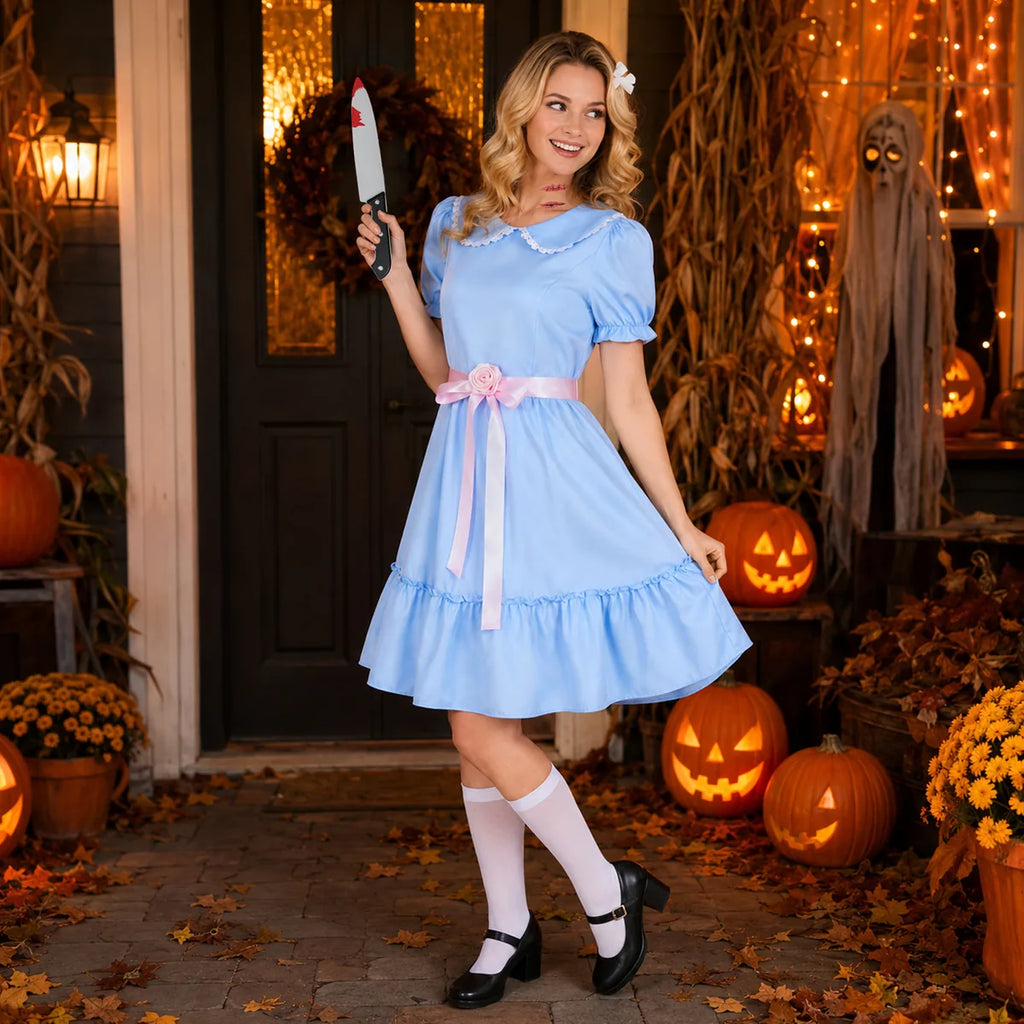 Adult blue creepy twin costume haunted hallway scene