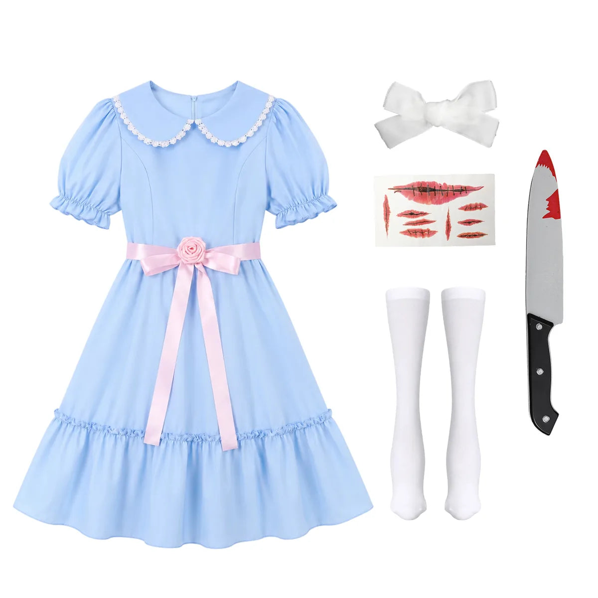 Blue haunted twin dress side and back model views