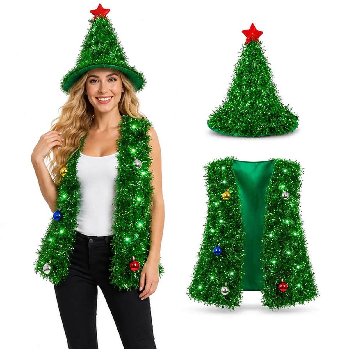 Adult Christmas tree vest and hat costume with LED lights image 1