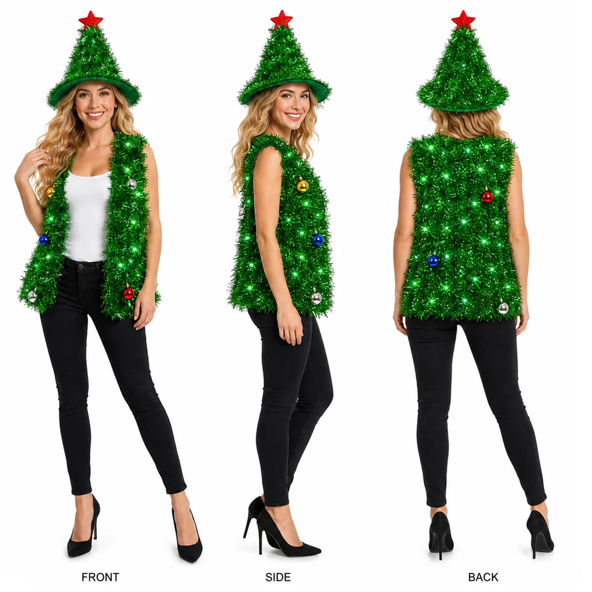 Adult Christmas tree vest and hat costume with LED lights image 4