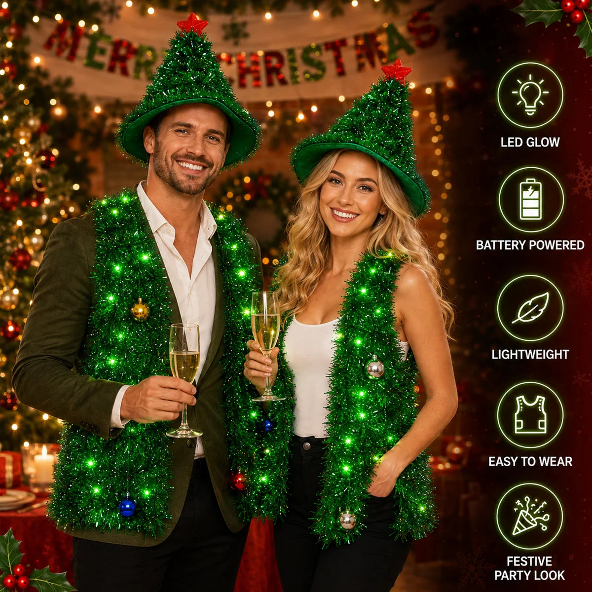 Adult Christmas tree vest and hat costume with LED lights image 6