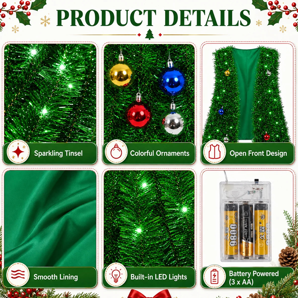 Adult Christmas tree vest and hat costume with LED lights image 7