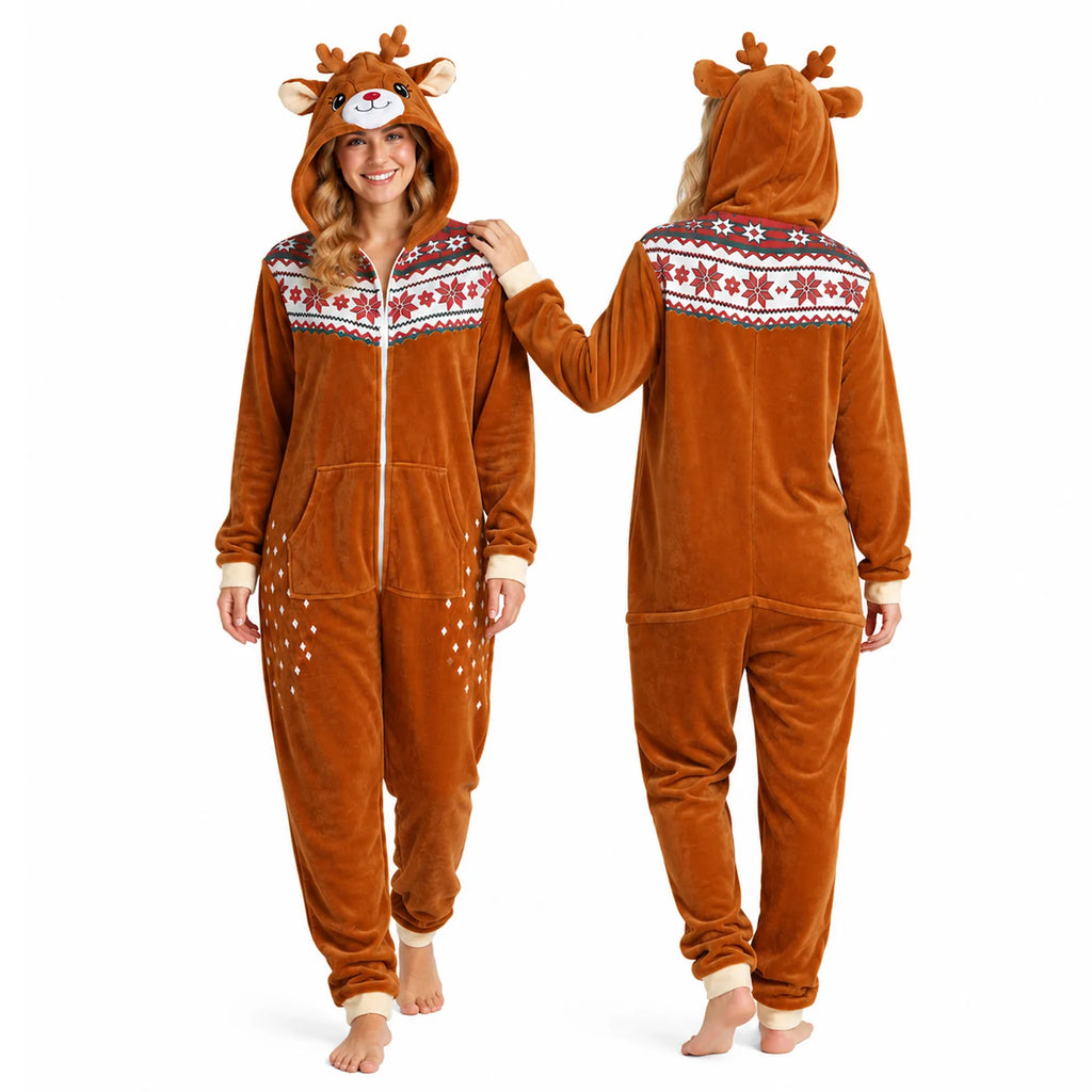 Adult deer onesie costume shown from the front and back with its hood and Nordic print.
