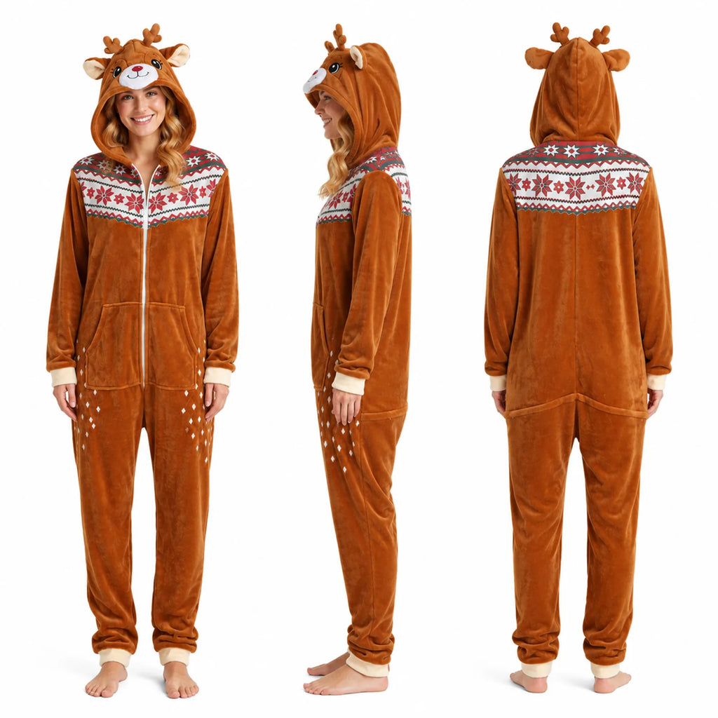 Adult deer onesie costume shown from front, side and back to display the full one-piece fit.