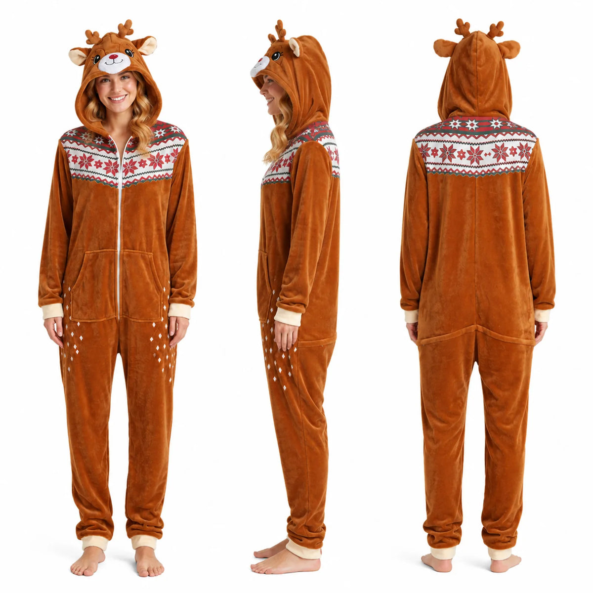 Adult deer onesie costume shown from front, side and back to display the full one-piece fit.