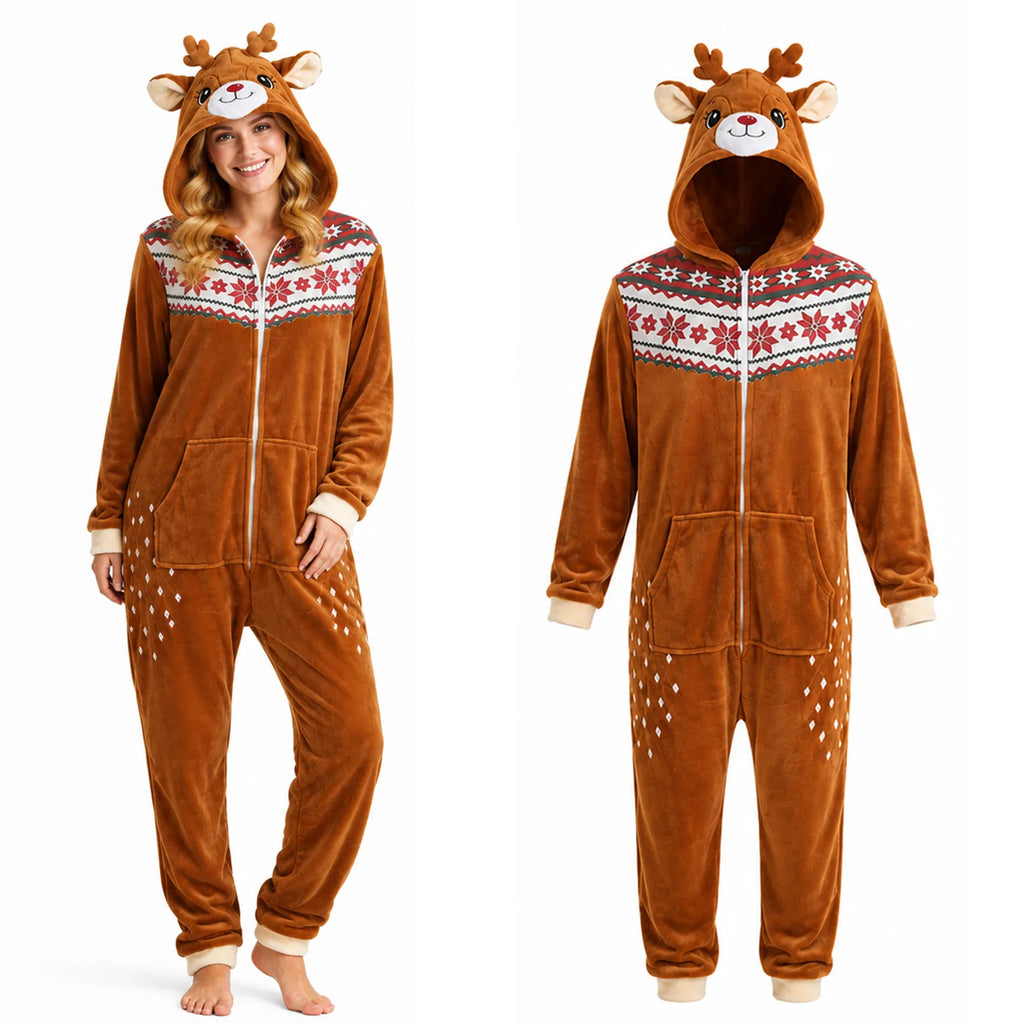 Adult deer onesie costume shown from the front with its printed hood and zip closure.
