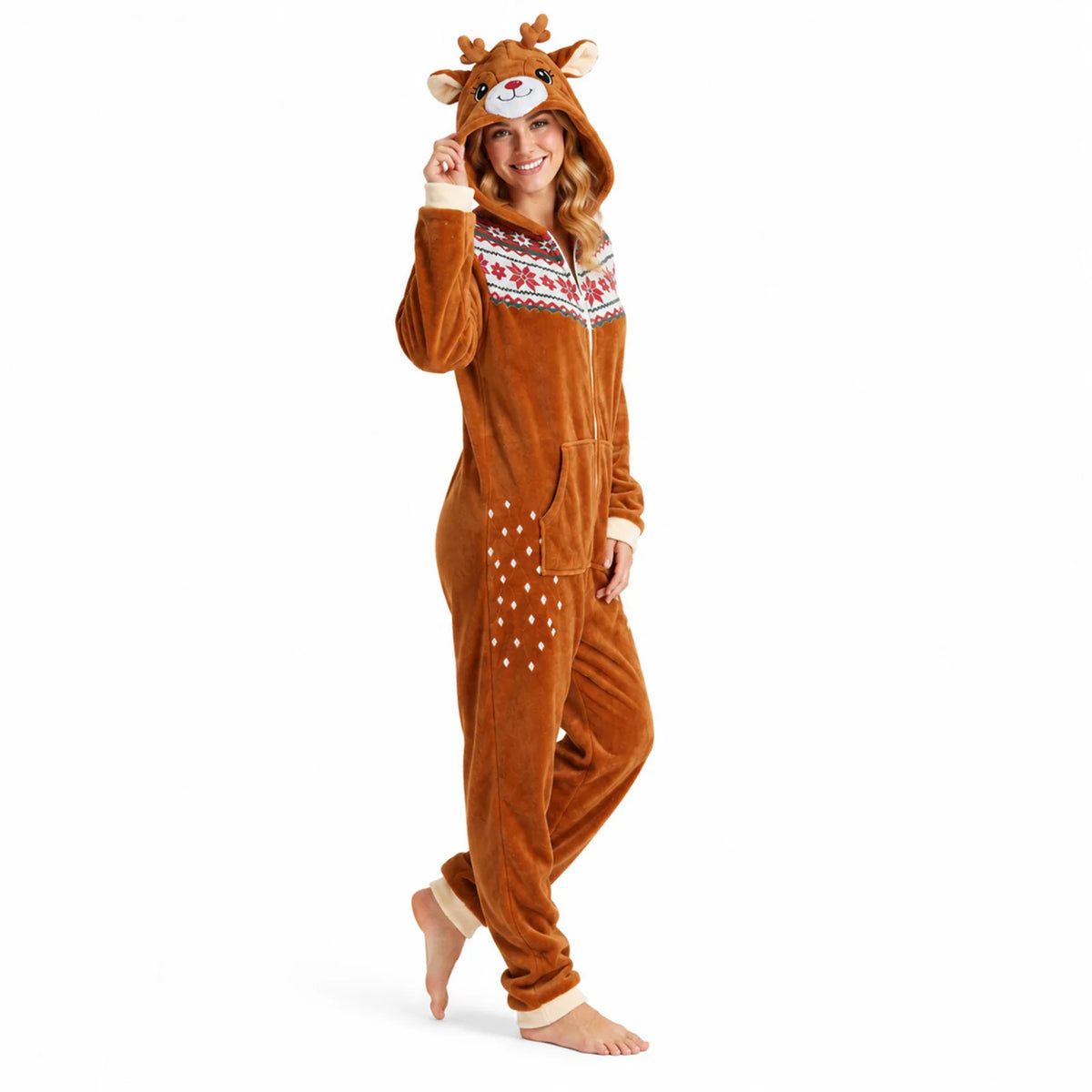 Adult deer onesie costume displayed from multiple angles to show the hooded one-piece design.