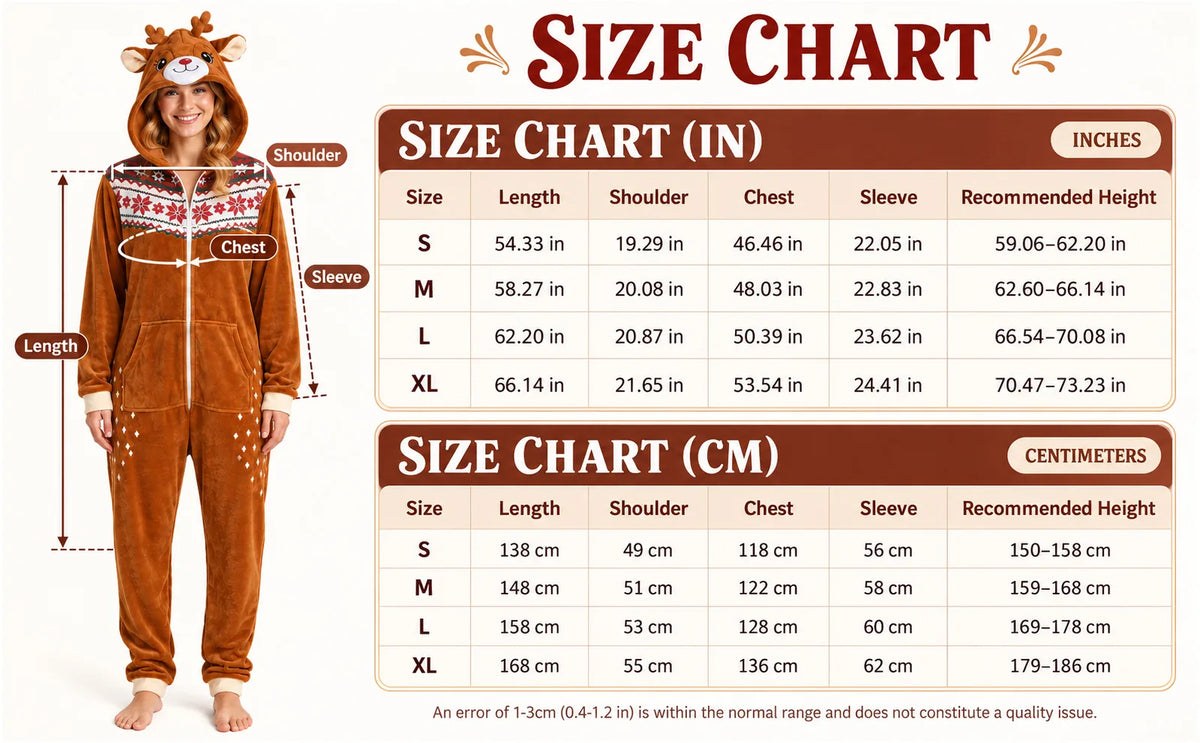 Measurement chart for the adult deer onesie costume in sizes S through XL.