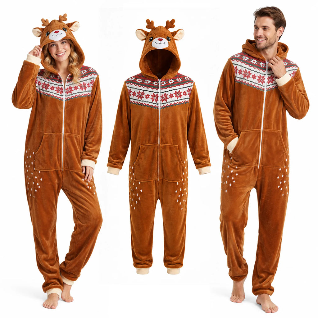 Adult deer onesie costume shown on women and men with a centered product view.