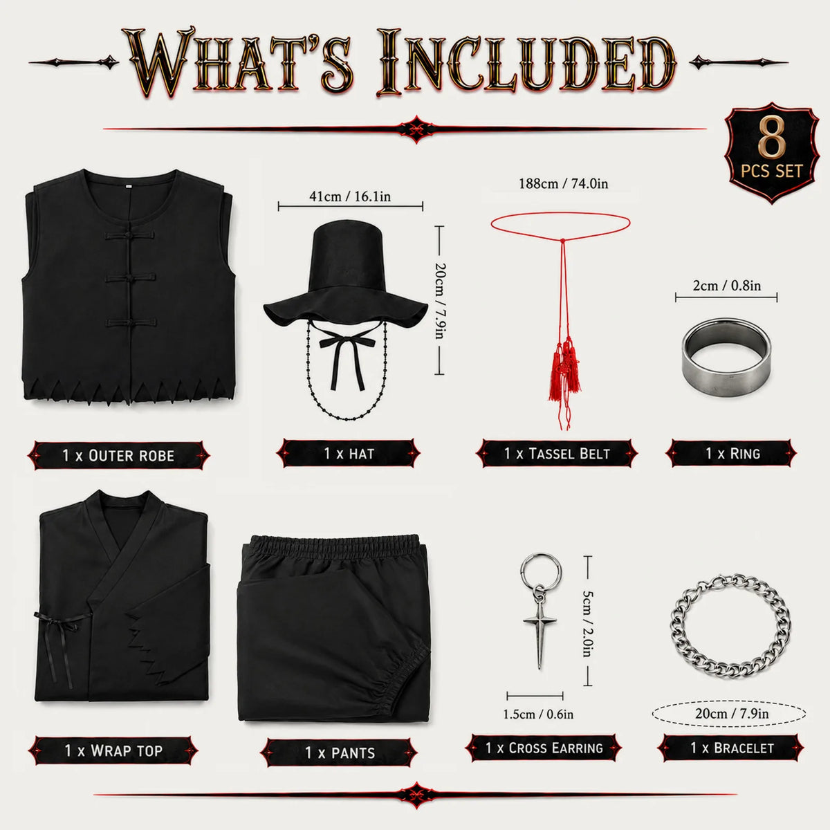 Adult demon hunter costume eight-piece set and accessory details.