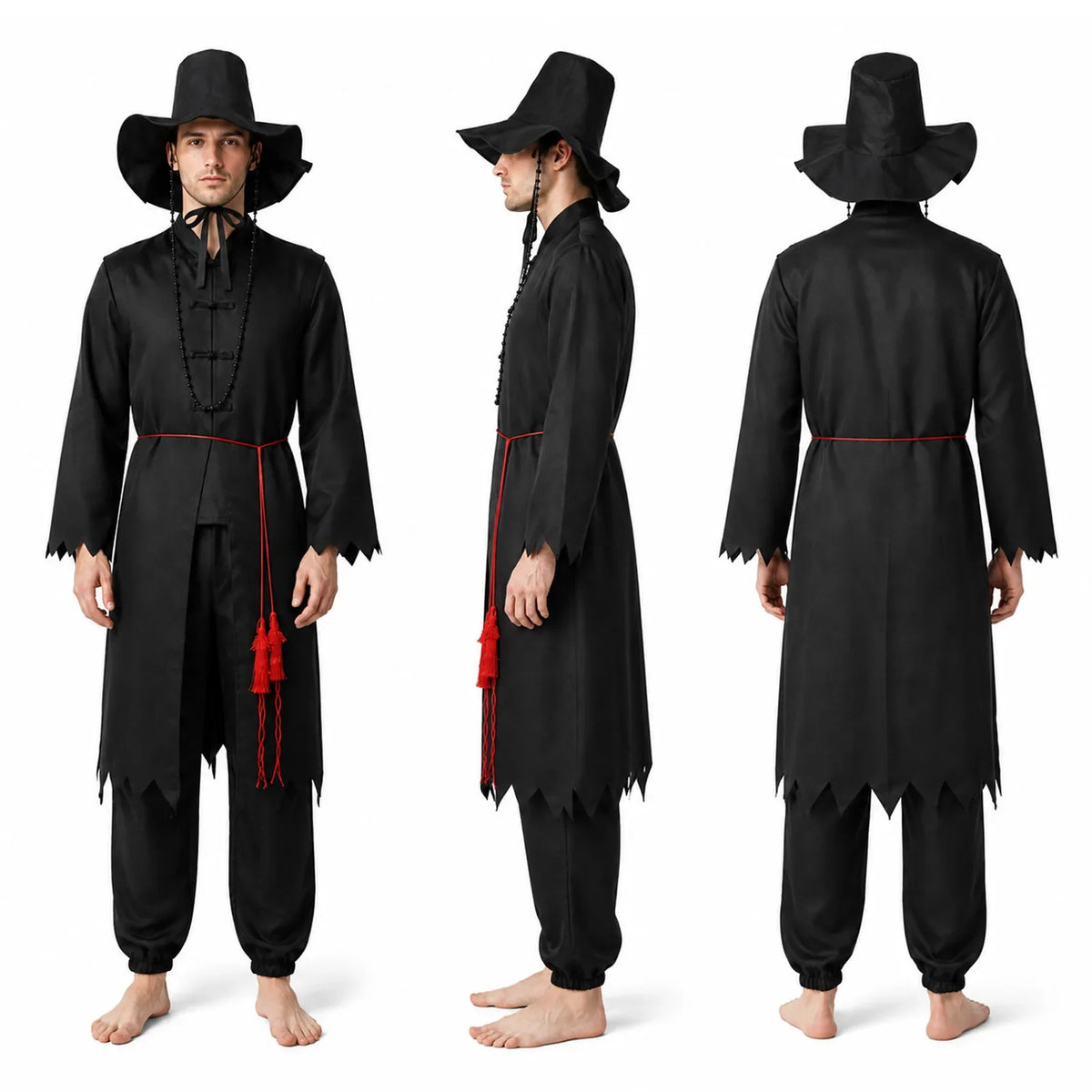 Adult demon hunter costume in front, side and back views.
