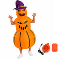 Adult wearing the orange devil pumpkin inflatable costume with fan and battery box