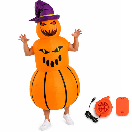 Adult wearing the orange devil pumpkin inflatable costume with fan and battery box