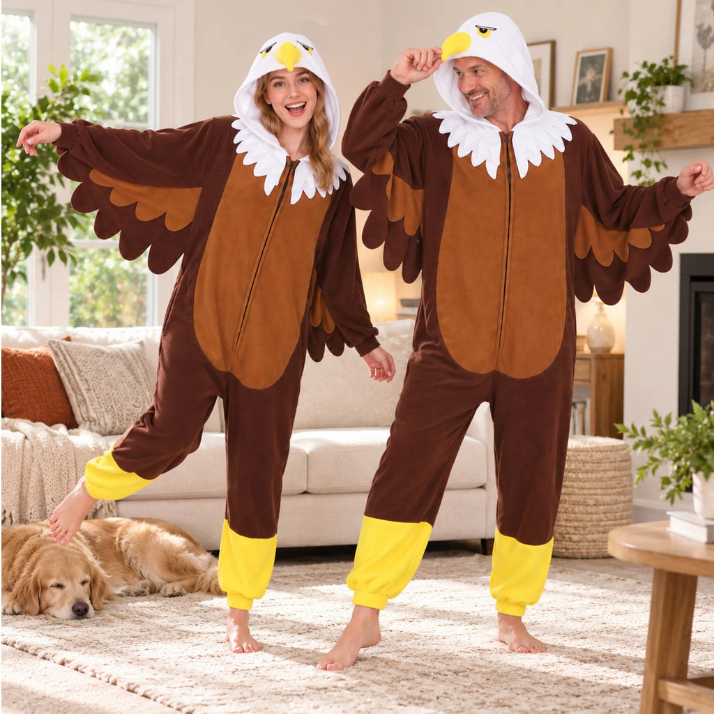 Adult Bald Eagle onesie costume worn in a family room setting.