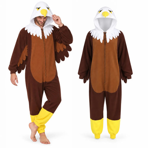 Front and back views of the brown, white, and yellow adult Bald Eagle onesie.