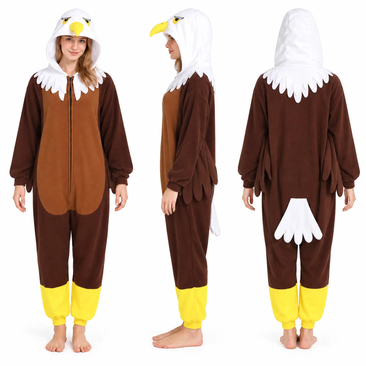 Front, side, and back views of the adult Bald Eagle onesie costume.