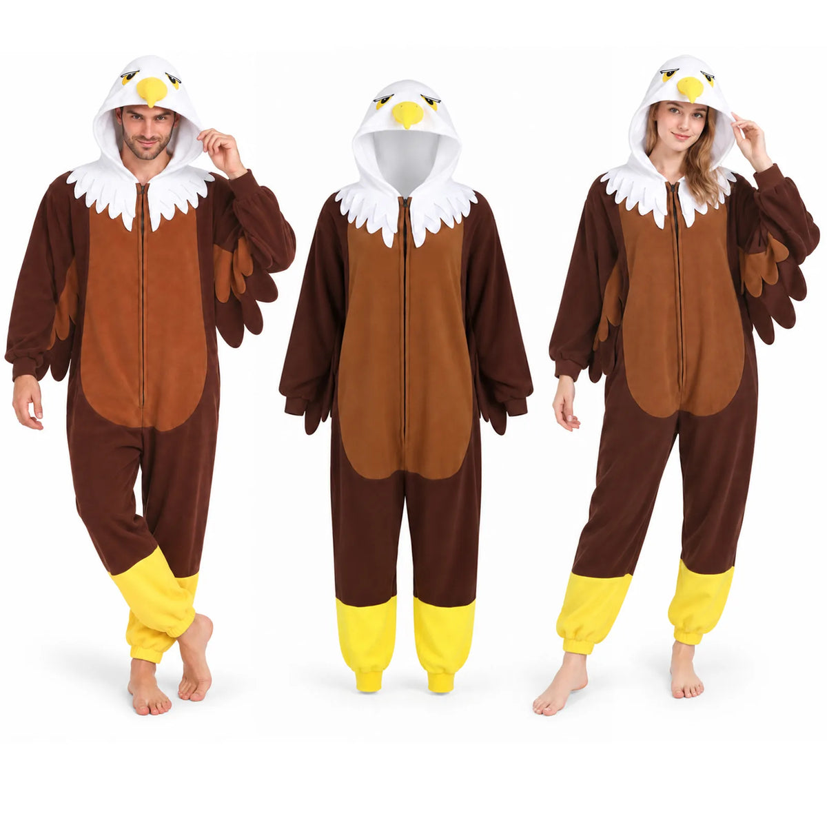 Model wearing the adult Bald Eagle onesie beside a full garment view.