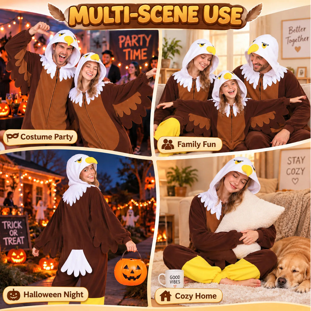 Adult Bald Eagle onesie costume shown in several animal-themed and party settings.