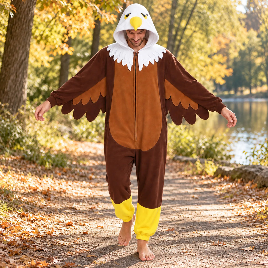 Adult Bald Eagle onesie costume worn outdoors with the wing sleeves extended.