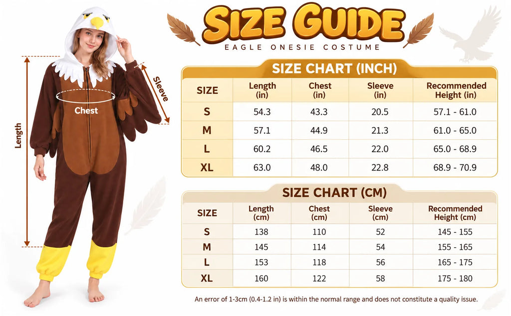 Adult Bald Eagle onesie size guide for S, M, L, and XL garment measurements.
