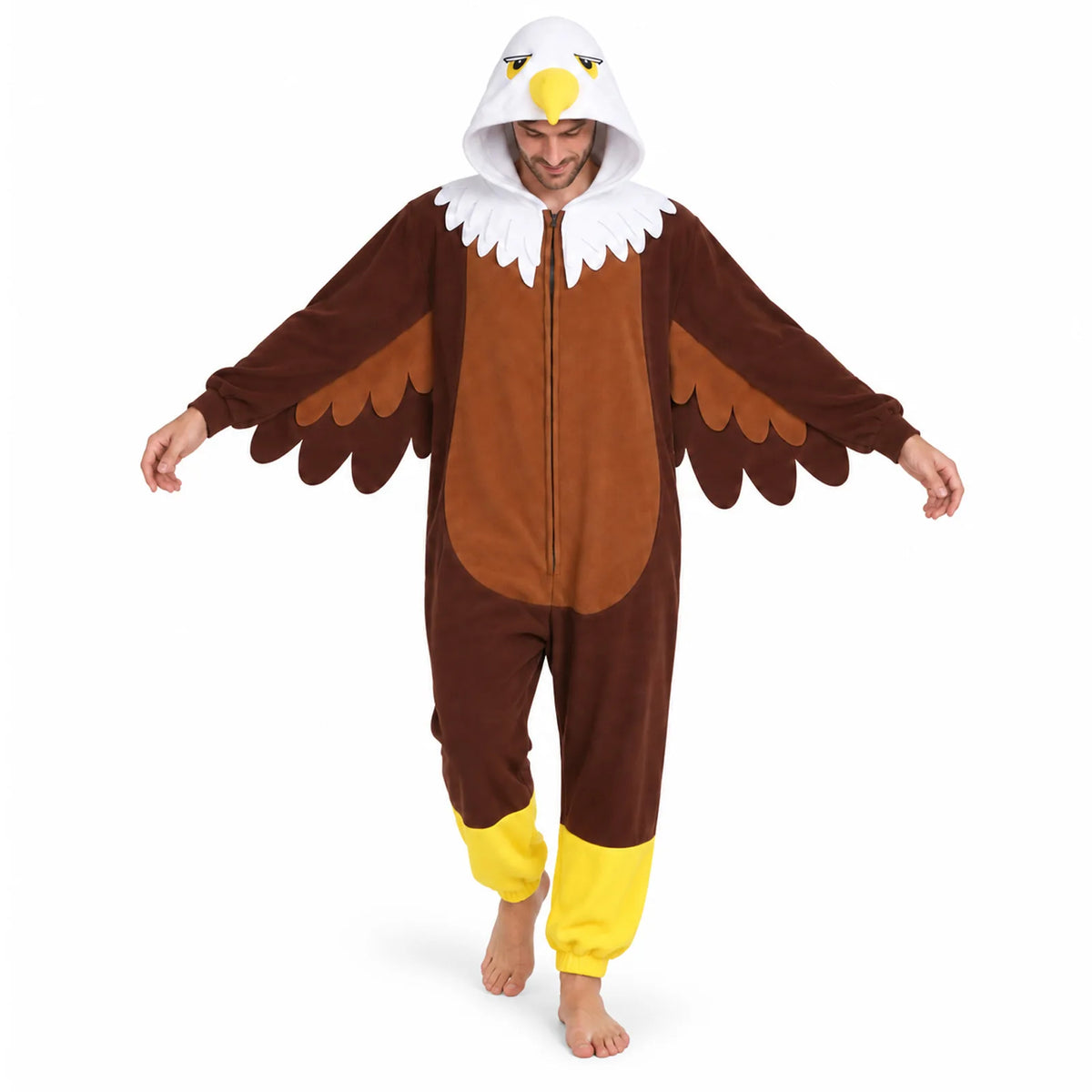 Standing front view of the brown and white adult Bald Eagle onesie costume.