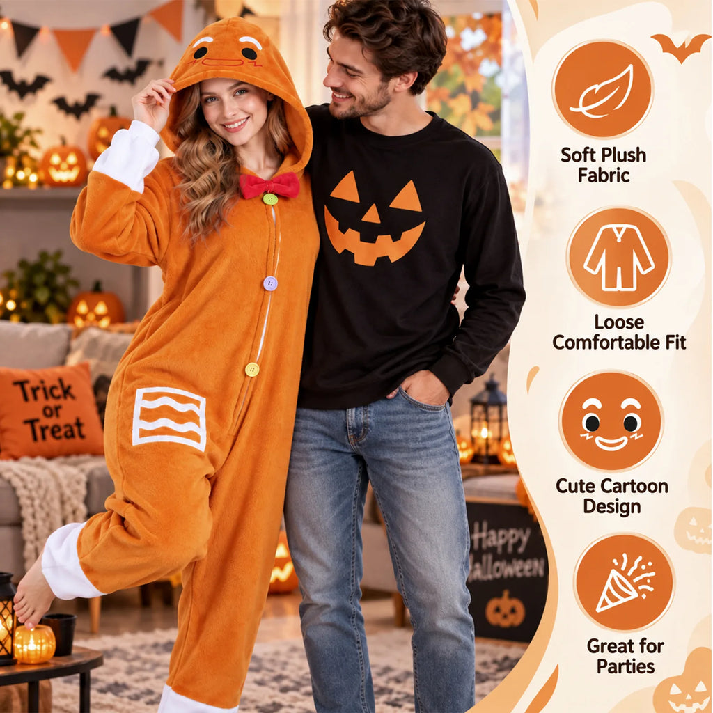 Gingerbread Man onesie feature guide highlighting the hood, bow, front accents, and one-piece shape.