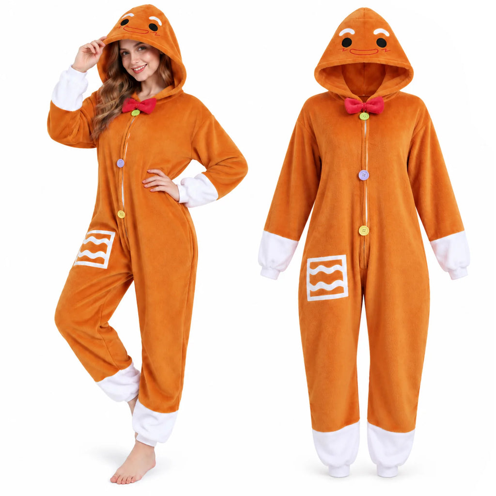 Front and back views of the brown adult Gingerbread Man onesie costume.