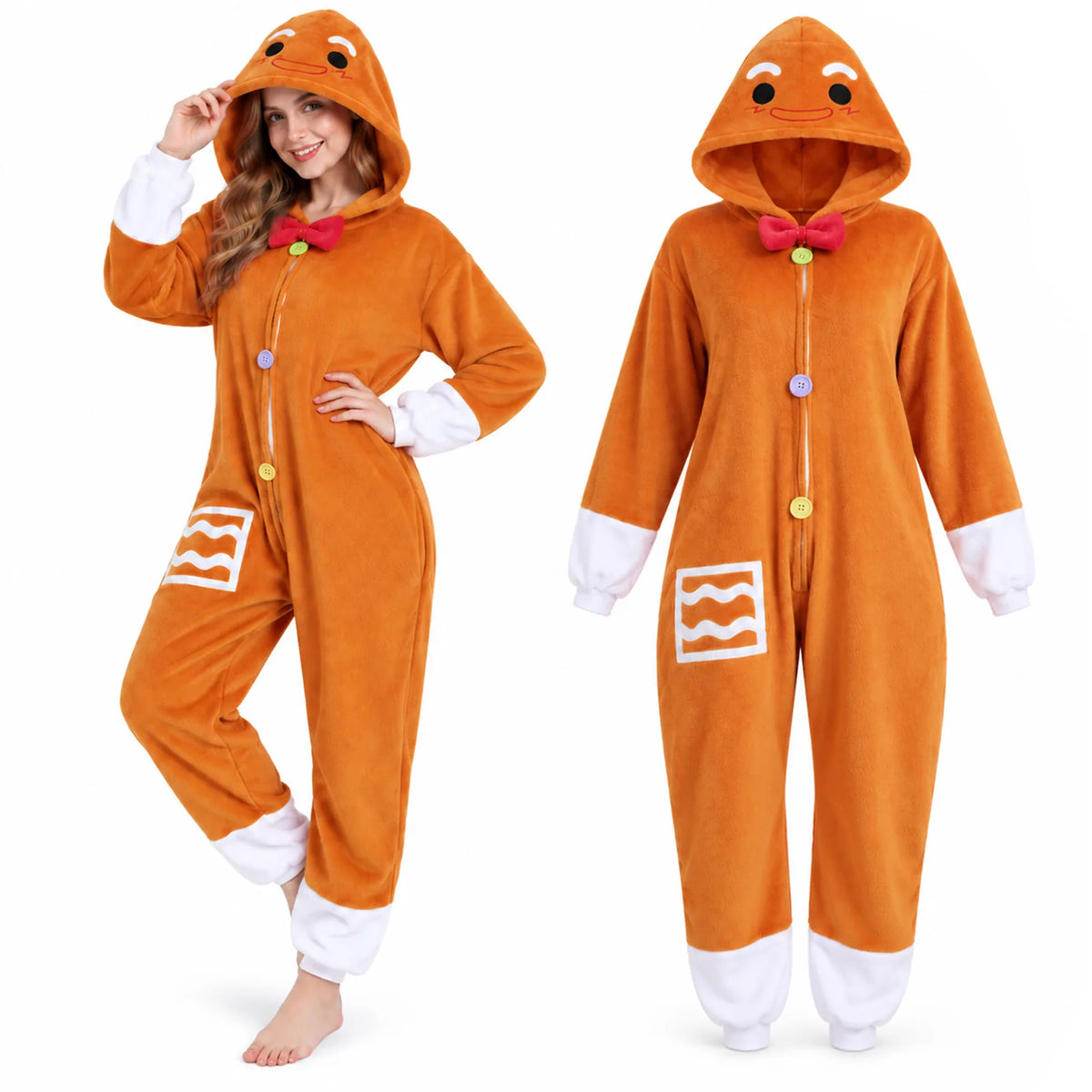 Front and back views of the brown adult Gingerbread Man onesie costume.