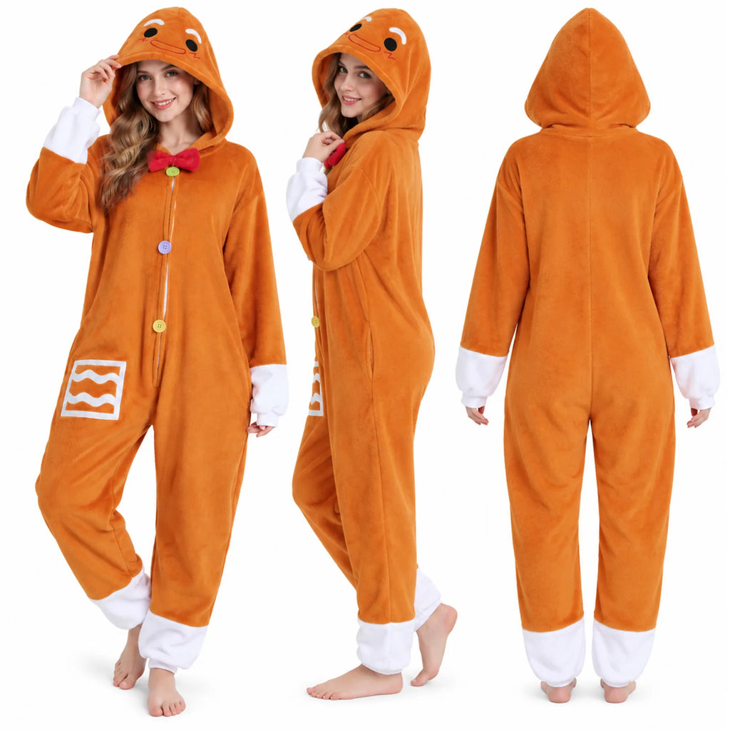 Front, side, and back views of the adult Gingerbread Man costume onesie.