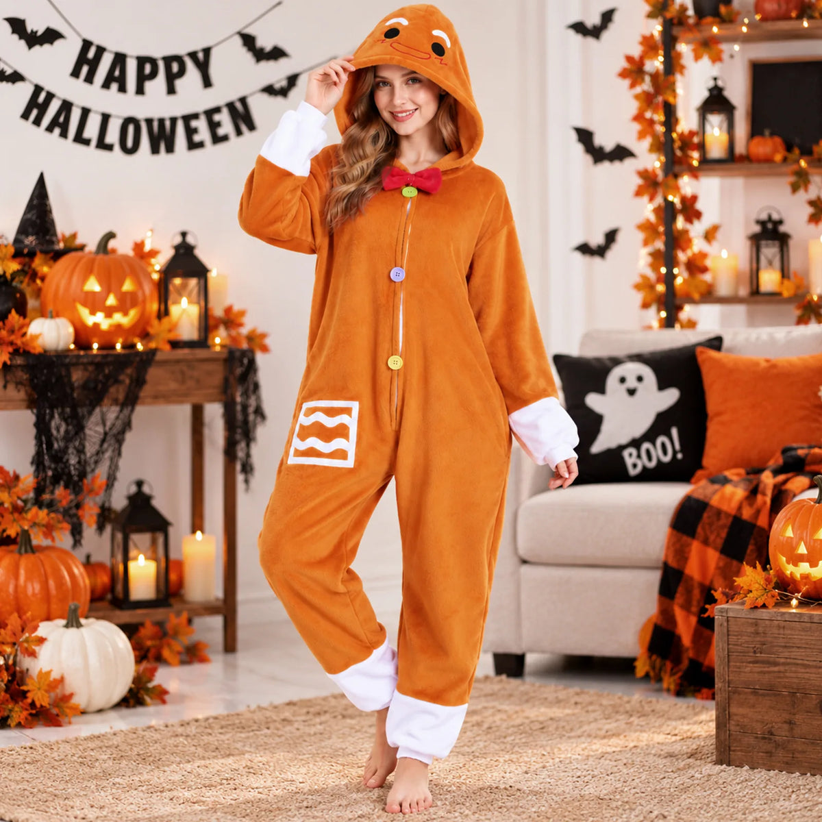 Adult Gingerbread Man onesie costume styled for a Halloween party scene.