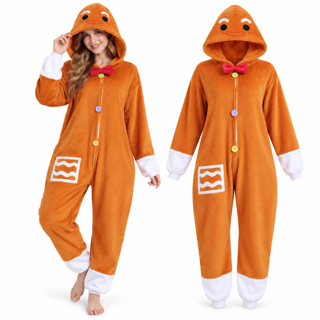 Model wearing the adult Gingerbread Man onesie beside a full garment view.