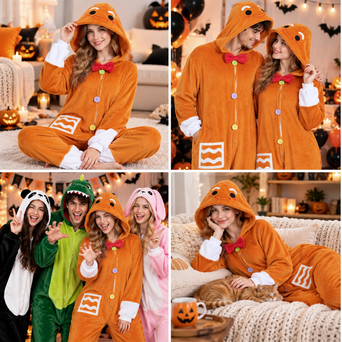 Adult Gingerbread Man costume onesie shown in multiple holiday and party settings.