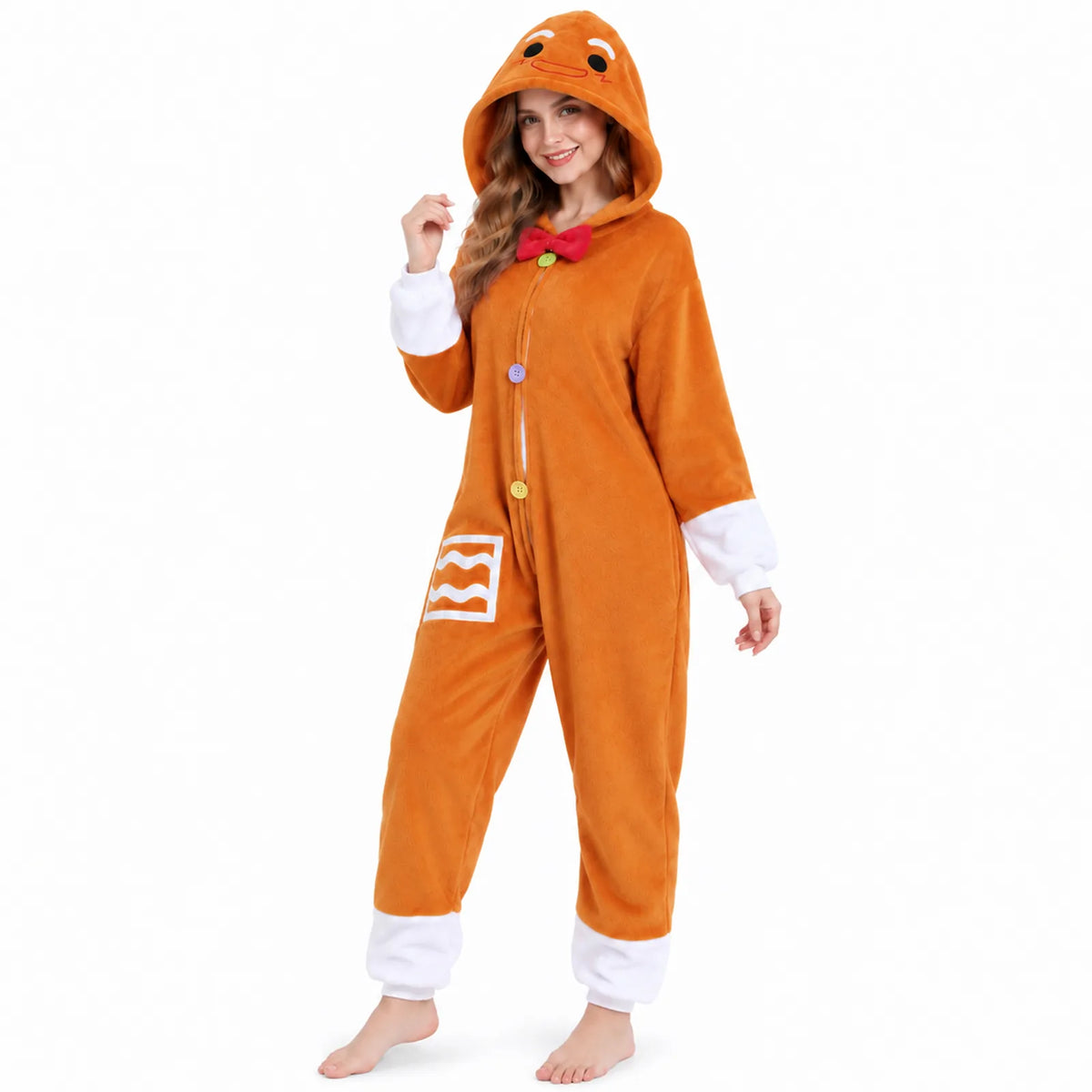 Side view of the adult Gingerbread Man onesie costume and character hood.