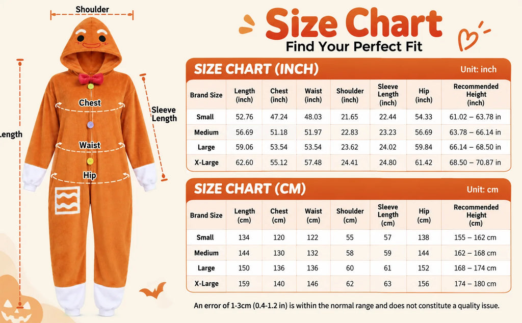 XL adult Gingerbread Man onesie size chart with detailed garment measurements.