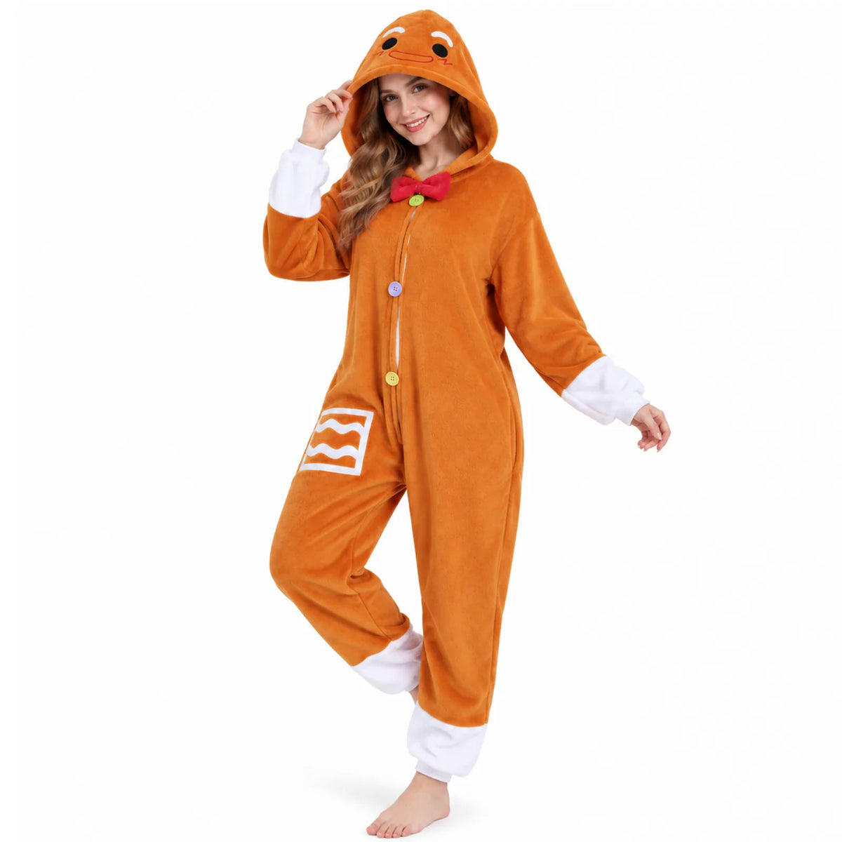 Standing front view of the brown adult Gingerbread Man costume onesie.