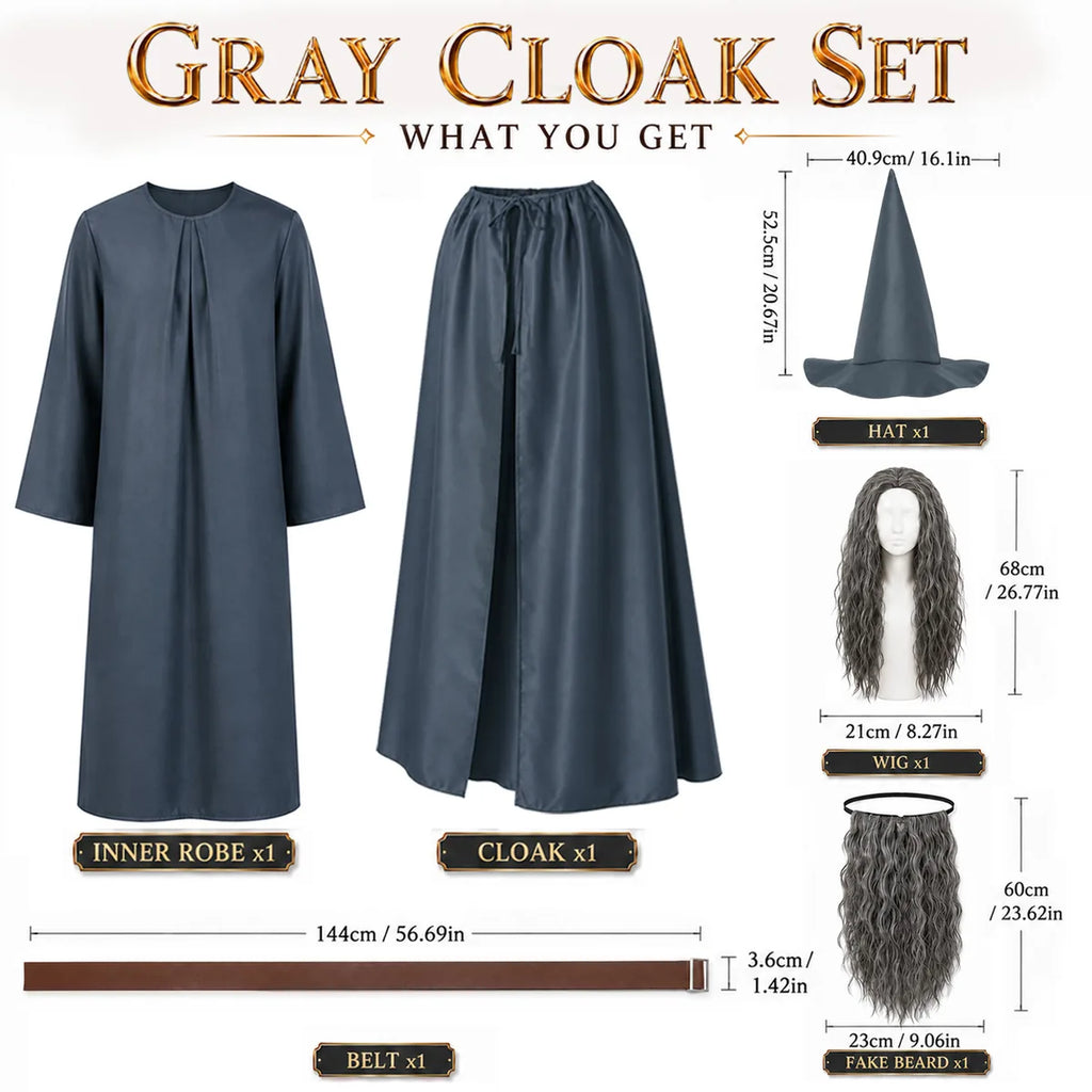 Gray wizard hat wig beard and belt accessory size guide