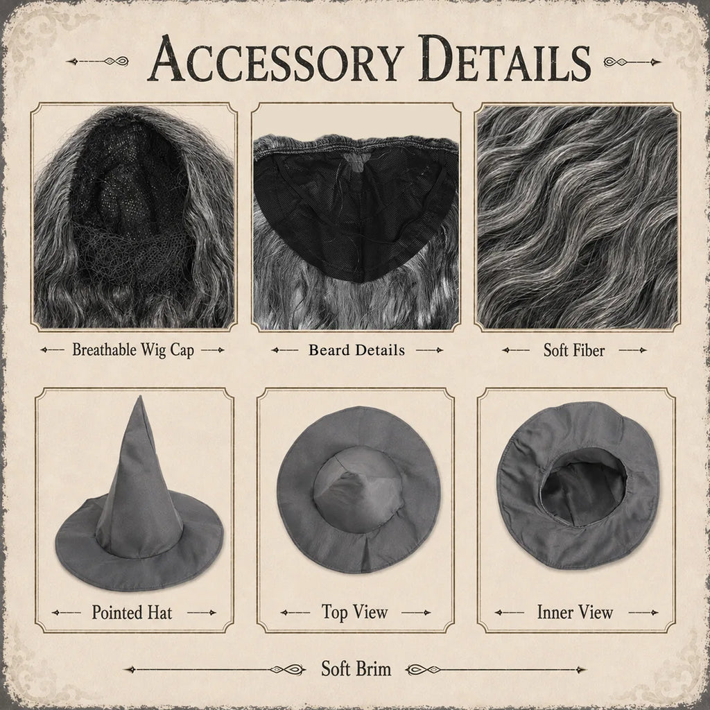 Gray wizard costume pointed hat wig beard and rope belt details