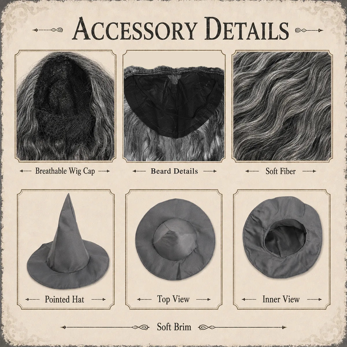 Gray wizard costume pointed hat wig beard and rope belt details