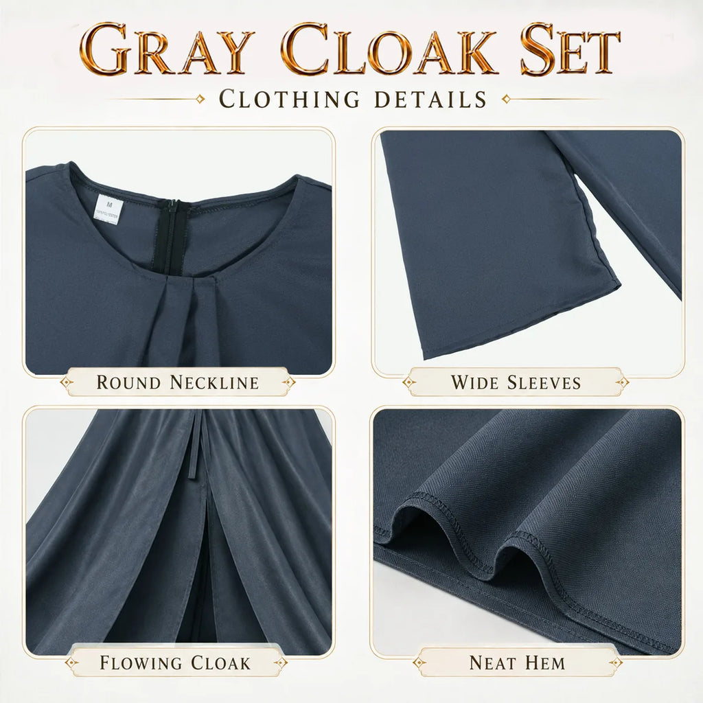 Gray wizard costume fabric seams belt and accessory details