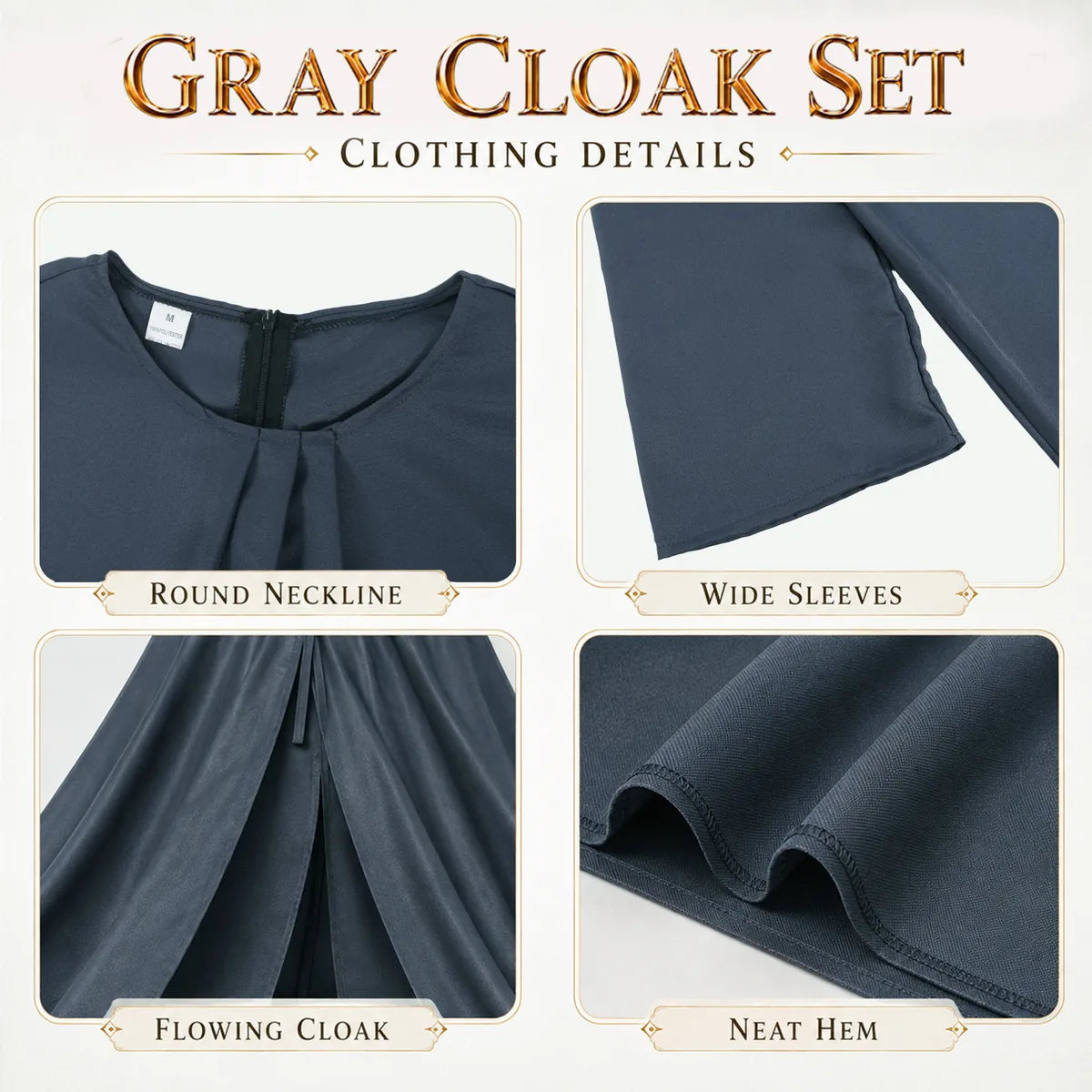 Gray wizard costume fabric seams belt and accessory details