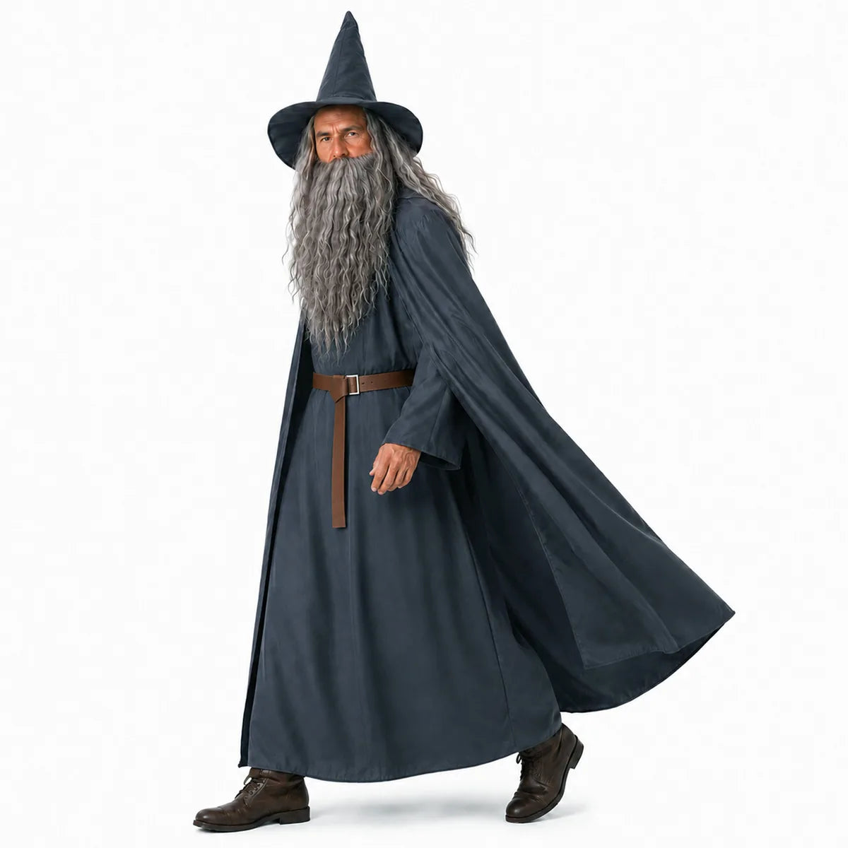Adult gray wizard robe and cloak costume front angle