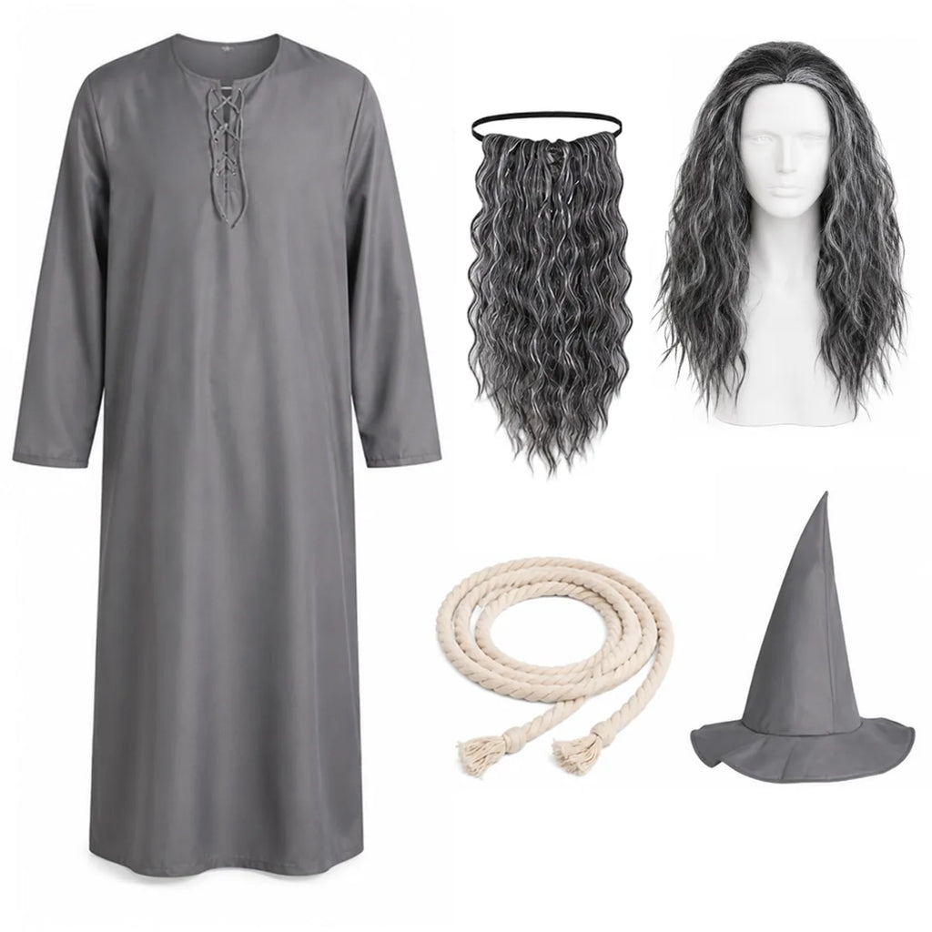 Adult gray wizard costume set shown from multiple angles