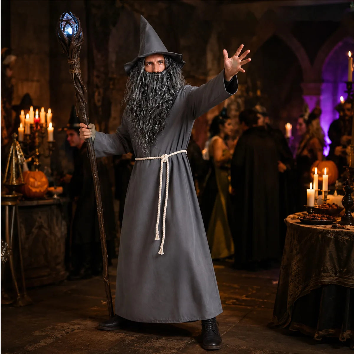 Adult gray wizard costume fantasy Halloween party scene
