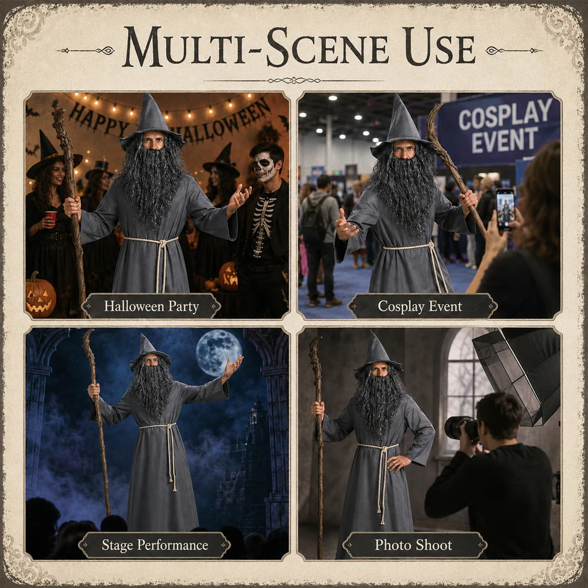 Gray wizard robe costume medieval fantasy event scene