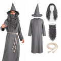 Adult gray wizard costume set with robe hat wig beard and rope belt
